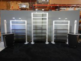 RENTAL: (2) RE-1253 Freestanding Shelf Displays, (1) Modified RE-1253 Freestanding Shelf Display, (2) RE-1223 Tapered Counter Kiosks, and (6) LED Arm Lights