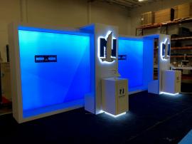 Re-configurable Custom Exhibit with LED Lightboxes, Monitor Mounts, Cabinet Storage, MOD-1329 iPad Swivel Mounts, and Fabric and Vinyl Graphics