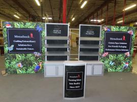 (2) Custom 10 ft. Exhibits with LED Lightbox, Slanted Shelves, Locking Storage, Fabric Graphics, and ECO-20C Counter